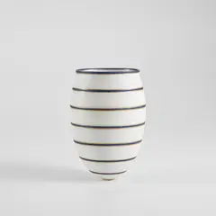 Rare tall vessel by Alev Ebüzziya Siesbye, 2003, Glazed stoneware, cobalt and unglazed lines, sold Oct 2023