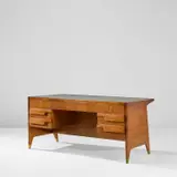 Gio Ponti, Desk, circa 1950, Walnut, walnut-veneered wood, reverse painted glass, brass