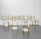 Gio Ponti, Twelve armchairs, from the Dulciora offices, Milan, circa 1950, Walnut, brass, fabric, for five. Beech, brass, fabric, for seven