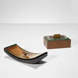 Pietro Chiesa, Two lidded boxes, circa 1938, Teak, stained fruitwood, fruitwood, glass, brass, leather