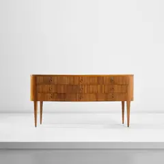 Chest of drawers by Paolo Buffa, circa 1940, Walnut, walnut-veneered wood, brass, sold Oct 2023