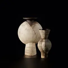 Hans Coper, Large vase with central volume, circa 1954, Stoneware, layered porcelain slips and engobes over a textured and incised body, the neck, disc and interior with a manganese glaze