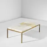 Coffee table by Lucie Rie and Vilmo Gilbello, 1961, Ceramic firebricks, glaze, gilded brass, sold Nov 2023