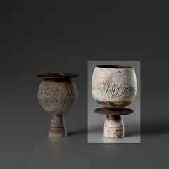 Cup on stand with central disc by Hans Coper, circa 1965, Stoneware, layered porcelain slips and engobes over a textured and incised body, the disc and interior with manganese gl, sold Nov 2023