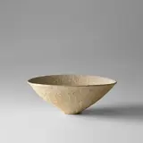 Large bowl by Lucie Rie, circa 1978, Stoneware, pitted layered beige and white glaze with integral speckle, sold Nov 2023