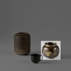 Early squared pot by Lucie Rie, circa 1941, Earthenware, glaze, sold Nov 2023