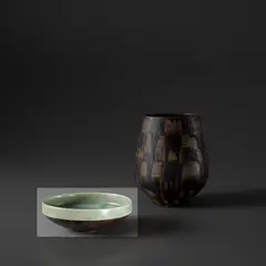 Bowl by Lucie Rie, circa 1962, Stoneware, light green and manganese glaze, unglazed ring and spiralling sgraffito underside, sold Nov 2023
