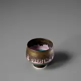 Small footed bowl by Lucie Rie, circa 1980, Porcelain, pink inlay, turquoise and gold glazes, sold Nov 2023