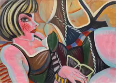 Bather with Sunglasses by Ella Kruglyanskaya, 2014, tempera on panel, sold Apr 2023