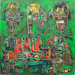 Untitled by Aboudia, acrylic, oil and paper collage on canvas, offered Apr 2023