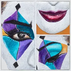 Clowning Makeup Inspiration by Gina Beavers, 2015, acrylic and foam on canvas mounted on panel, in artist's frame, offered Apr 2023