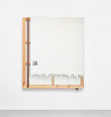 Michael Wilkinson, Never Work 4, 2011, etched mirror, wood, two-inch tape, painted badge, card, cellophane, technics foot and image from Guy Debord's Panegyric showing 'NE TRAVAILLEZ JAMAIS' graffiti