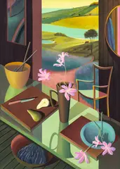 Alfie Caine, Pear and Lilies, 2022, vinyl paint on canvas