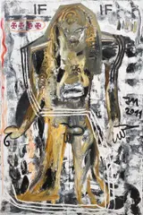 "Keine Anarchie" ist immer Kunst: das Zusatzstofftierchen de Large Brüllt nur geilste Zukunft (Lady Milchbart) by Jonathan Meese, 2011, oil on linen, sold May 2023
