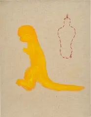 Untitled (Mannequin and Dinosaur) by Ghada Amer, 1992, acrylic and embroidery on canvas, offered May 2023