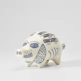 Grayson Perry, Piggy Bank, 2017, White ceramic piggy bank painted in blue and glazed, with rubber stopper, contained in the original cardboard box