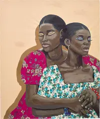 Sisters in Arms by James Mishio, 2021, acrylic, oil and fabric collage on canvas, sold Sep 2023