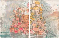 Dennis Oppenheim, Study For Revolving Kissing Racks, 1989, colour pencil, oil, pastel and oil silkscreen on paper, diptych