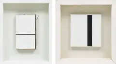 Jean Pierre Raynaud, Two works: (i) Fragment de Menil ; (ii) Untitled (1 ligne), 1984, (i) ceramic tile, particle board and nail assemblage, in artist's frame (ii) india ink on canvas, in artist's frame