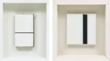 Jean Pierre Raynaud, Two works: (i) Fragment de Menil ; (ii) Untitled (1 ligne), 1984, (i) ceramic tile, particle board and nail assemblage, in artist's frame (ii) india ink on canvas, in artist's frame
