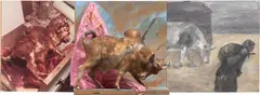 Komar & Melamid, Autumn in the Village (from Diary series), 1984, acrylic, polythene bag, bull figurine, photo and paper collage on canvas on a wood panel assemblage