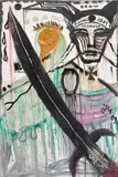 Jonathan Meese, Ist Die Welt Lieb?, 2009, oil, feathers, book, plastic and paper collage on canvas