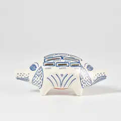 Grayson Perry, Piggy Bank, 2017, White ceramic piggy bank painted in blue and glazed, with rubber stopper, contained in the original cardboard box