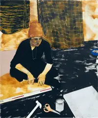 Amy in Her Studio by Doron Langberg, 2017, oil on linen, sold Mar 2022