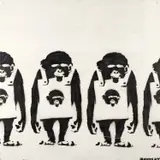 Banksy, Laugh Now Monkeys with Monkey Placards, 2000, spray paint on board