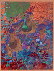 Amani Lewis, For Angela and her kin...in the garden (NITT edition), 2019, acrylic, pastel, glitter, and digital collage on canvas