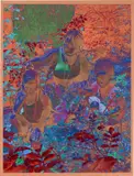 Amani Lewis, For Angela and her kin...in the garden (NITT edition), 2019, acrylic, pastel, glitter, and digital collage on canvas