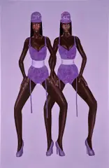 Emmanuel Taku, Sisters in Lilac, 2021, acrylic and newspaper collage on canvas