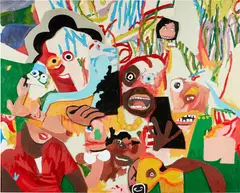 Milo Matthieu, Psi, 2019, oil stick, foam core, paper collage and acrylic on panel