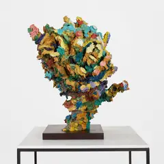 Glenn Brown, The Flowers of Arles, 2016, oil paint on fiberglass and stainless steel on bronze base and vitrine