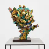 Glenn Brown, The Flowers of Arles, 2016, oil paint on fiberglass and stainless steel on bronze base and vitrine