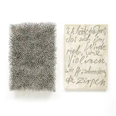 Günther Uecker, Ich hörte das Gras, das sich im Wind rieb, wie Violinen, wie Heuschrecken, die zirpen (I Heard the Grass, That Was Rubbing Itself in the Wind, Like Violins, Like Grasshoppers That Chirp), 2009, white paint on nails on canvas on panel, diptych
