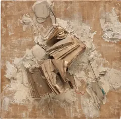 John Latham, Unspecified Material, 1959, acrylic, wire, metal, electric cable, plaster and books on burlap, mounted on panel