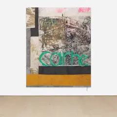 Oscar Murillo, Carne, 2013, graphite, spray paint, oil stick, oil, plastic and debris on stitched canvas