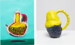 Robel Temesgen, Two works: (i) Tale of Jebenas 5 ; (ii) Tale of Jebenas 4, 2018, (i) ink and acrylic on paper (ii) glazed ceramic