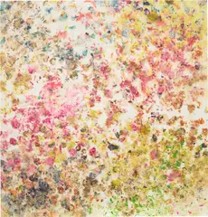 Dan Colen, Does Anybody Got an Alibi?, 2014-15, flowers on bleached Belgian linen