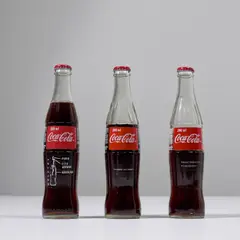 INSERÇÕES EM IDEOLÕGICOS: Projeto Coca-Cola (Insertions into Ideological Circuits: Coca-Cola Project) by Cildo Meireles, 1970, transfer text on Coca-Cola glass bottle, in 3 parts, sold Apr 2022