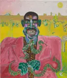 Peter Doig, I WALKED ALL THE WAY FROM DALLAS, 1982, spray paint and oil on burlap