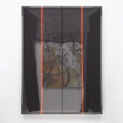 Standard Extension by Valerie Snobeck, 2011, debris netting, mirror, print on paper, print on Foamex board, wood, gesso, hardware and door barricade brackets, offered Apr 2022