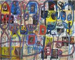 Untitled by Aboudia, 2016, oil, crayon and paper collage on canvas, sold Jun 2022