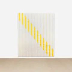 Daniel Buren, Paint on/Under Plexiglas on Serigraphy, Diagonal n° 2 – Yellow , January 2013, situated work, 2013, white cotton canvas screen-printed with vertical yellow stripes and white acrylic paint on transparent Plexiglas