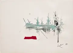 Georges Mathieu, Pritz, 1969, watercolour, ink and red felt collage on paper