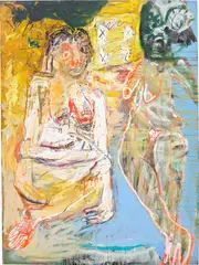 Look at us now by Daniel Crews-Chubb, 2015, oil, spray paint, pastel, charcoal, sand and collage on canvas, sold Jun 2022
