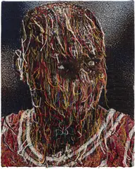 Noel W. Anderson, Michael in Sound Suit, 2019, distressed, stressed jacquard tapestry mounted on panel