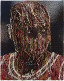 Noel W. Anderson, Michael in Sound Suit, 2019, distressed, stressed jacquard tapestry mounted on panel