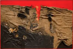 Alberto Burri, Sacco e Rosso, 1956, burlap, combustion and acrylic on canvas, in artist's frame